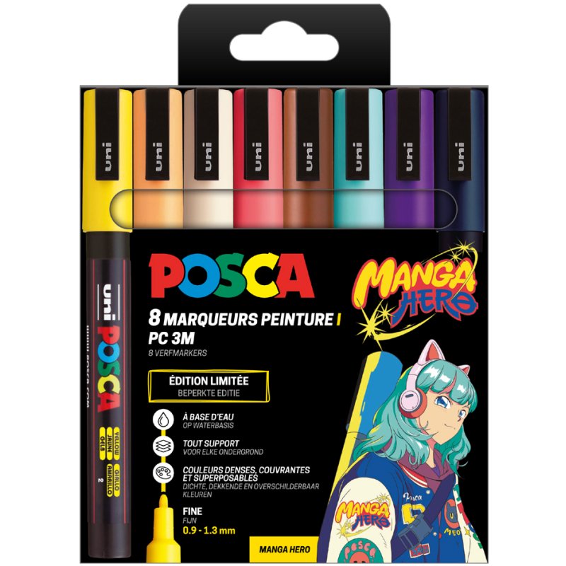 POSCA paint markers PC-3M MANGA HERO, pack of 8, 0.9–1.3 mm